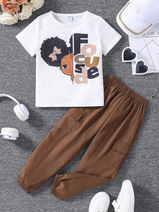 Young Girl Summer Short Sleeve T-Shirt And Cargo Pants Casual Two-Piece Set With Letter And Cartoon Print