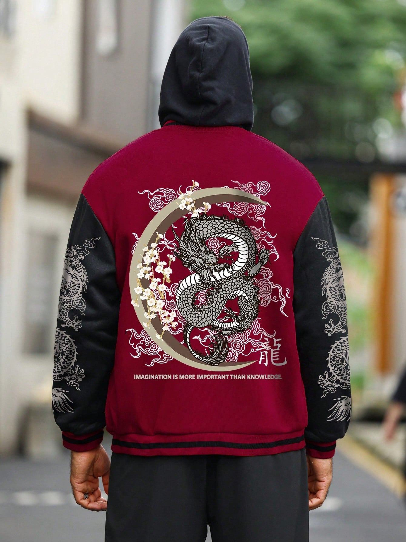 Men Chinese Dragon & Slogan Graphic Striped Trim Drop Shoulder Bomber Jacket Without Hoodie For Autumn & Winter