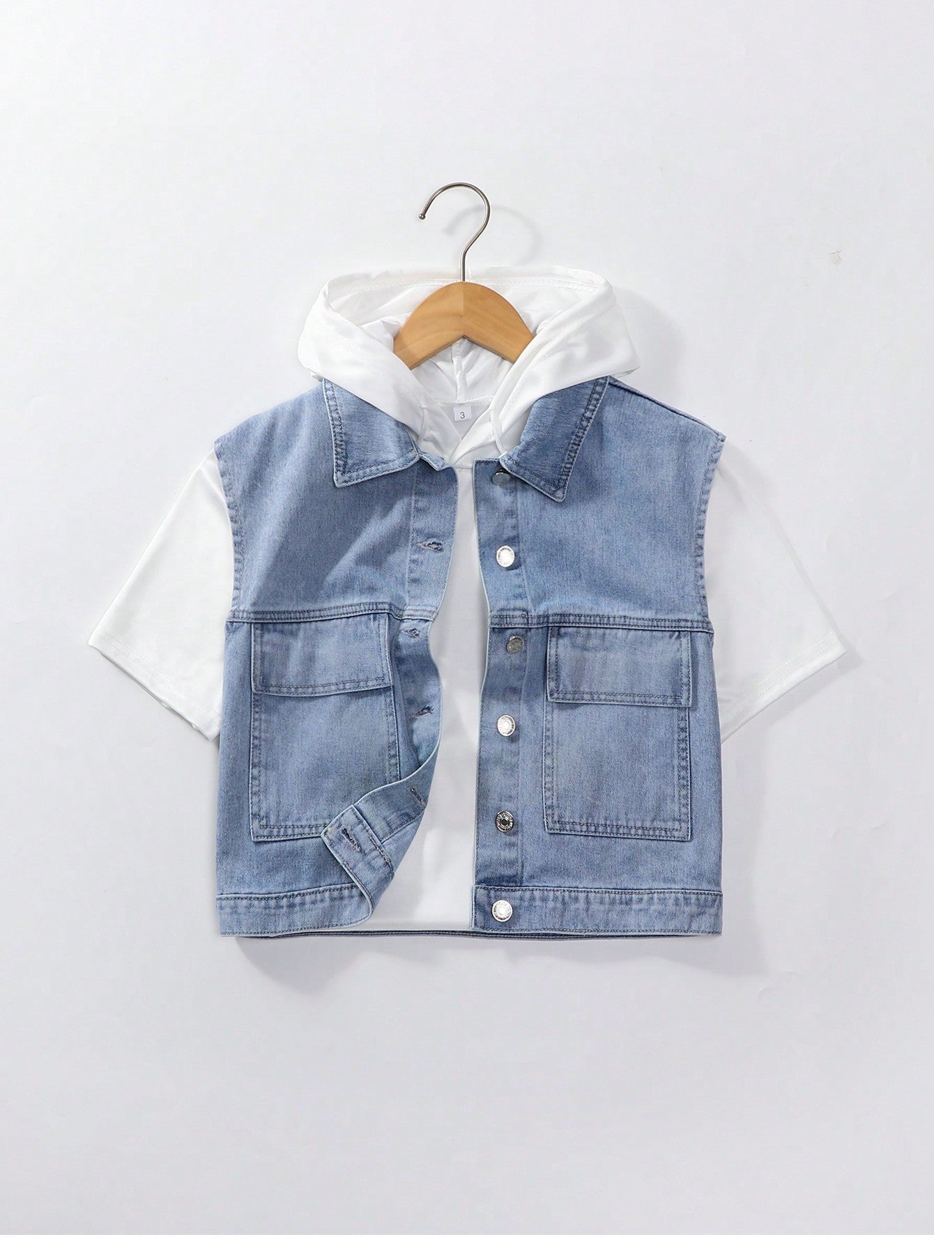 Tween Boy All-Match Casual Light Wash Flat Pocket Denim Vest Jacket