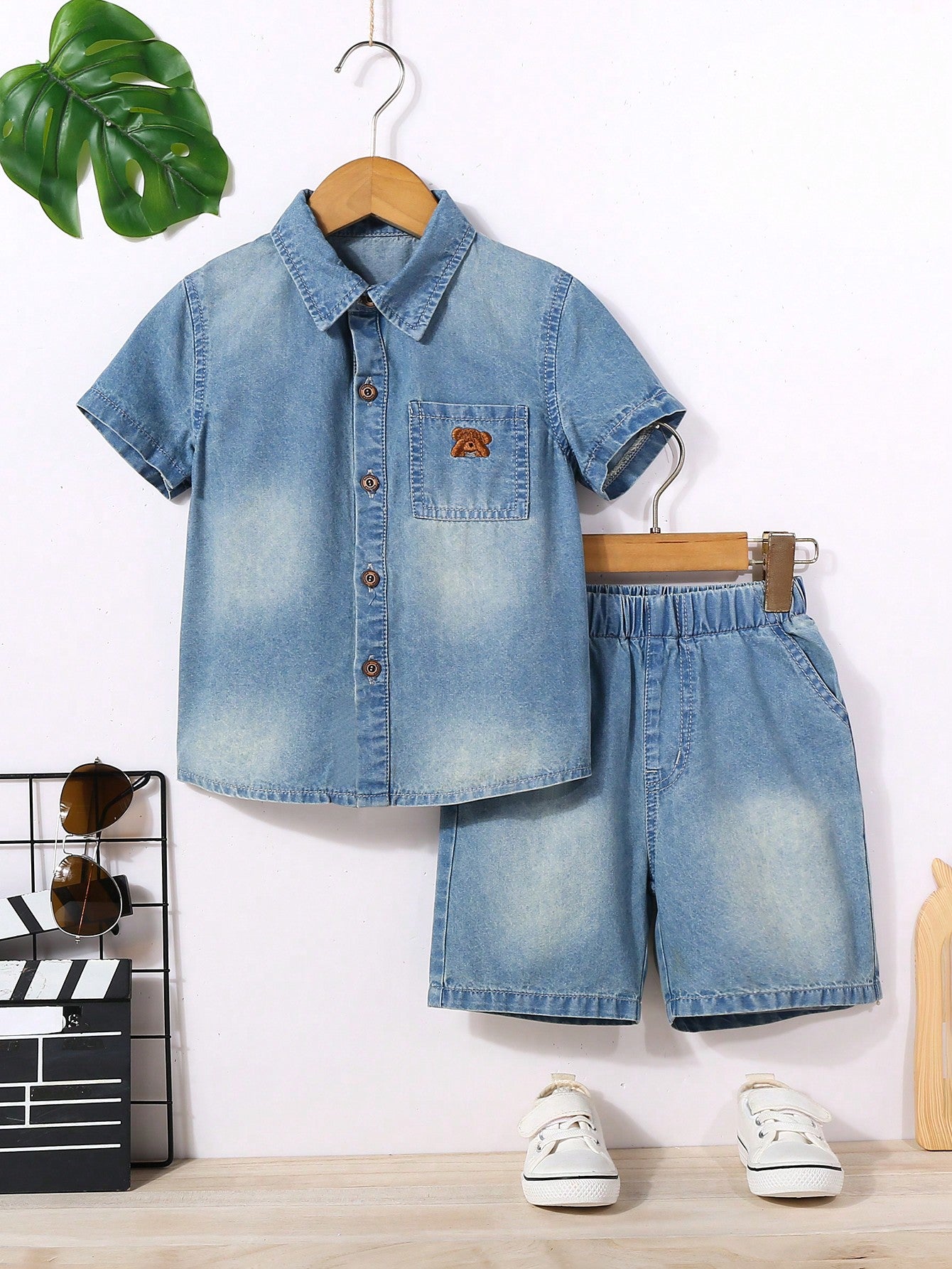 Young Boy Summer Bear Embroidery Short Sleeve Pocket Casual Shirt And Denim Shorts Set