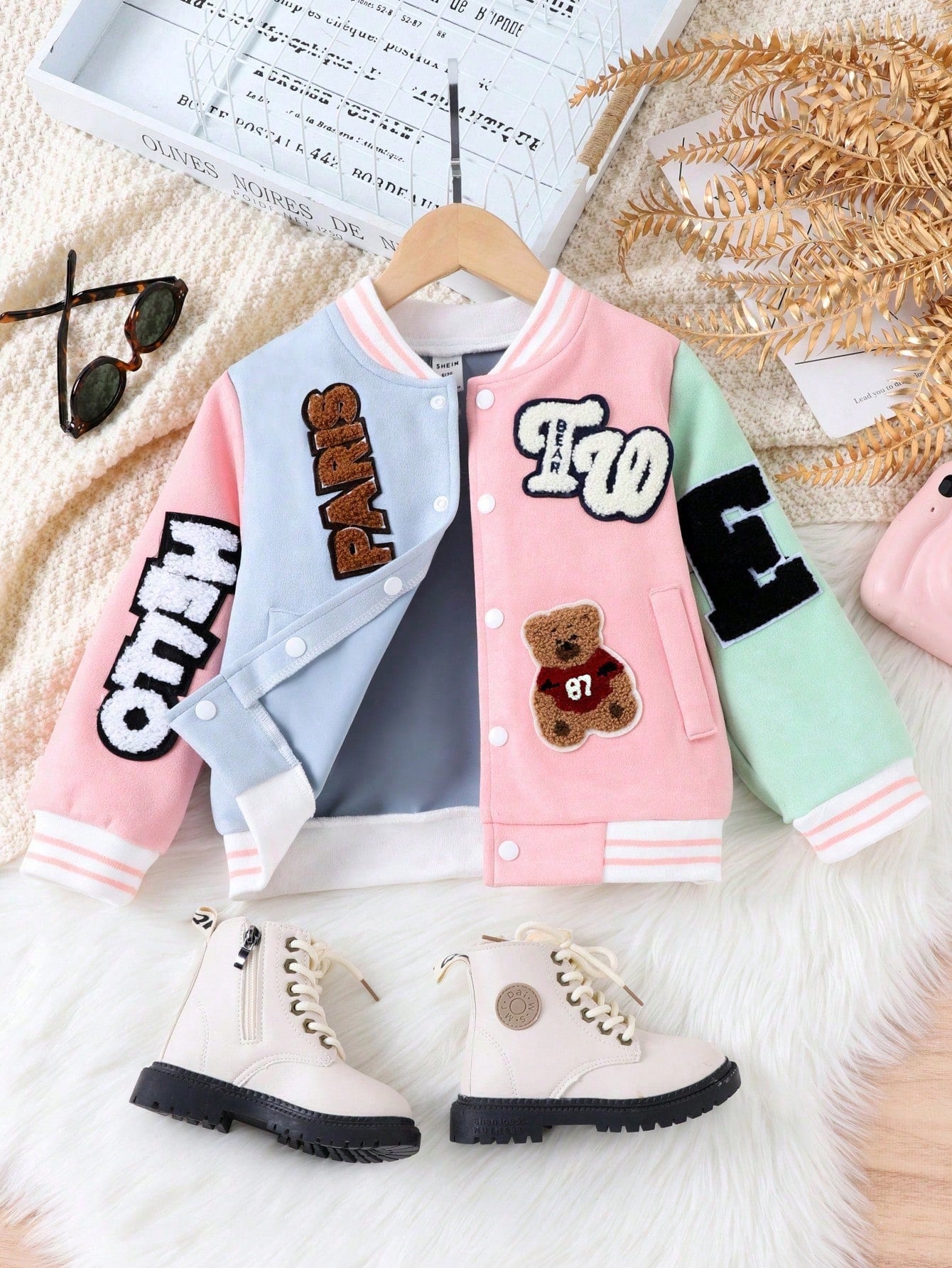 Young Girl Letter Patched Striped Trim Colorblock Varsity Jacket Without Tee