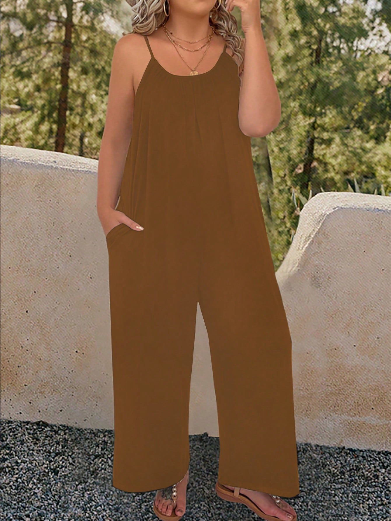 Plus Solid Slant Pocket Cami Jumpsuit