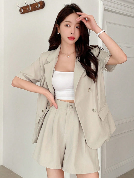 Ladies Solid Color Two Piece Short Sleeve Suit Jacket And Shorts Suit