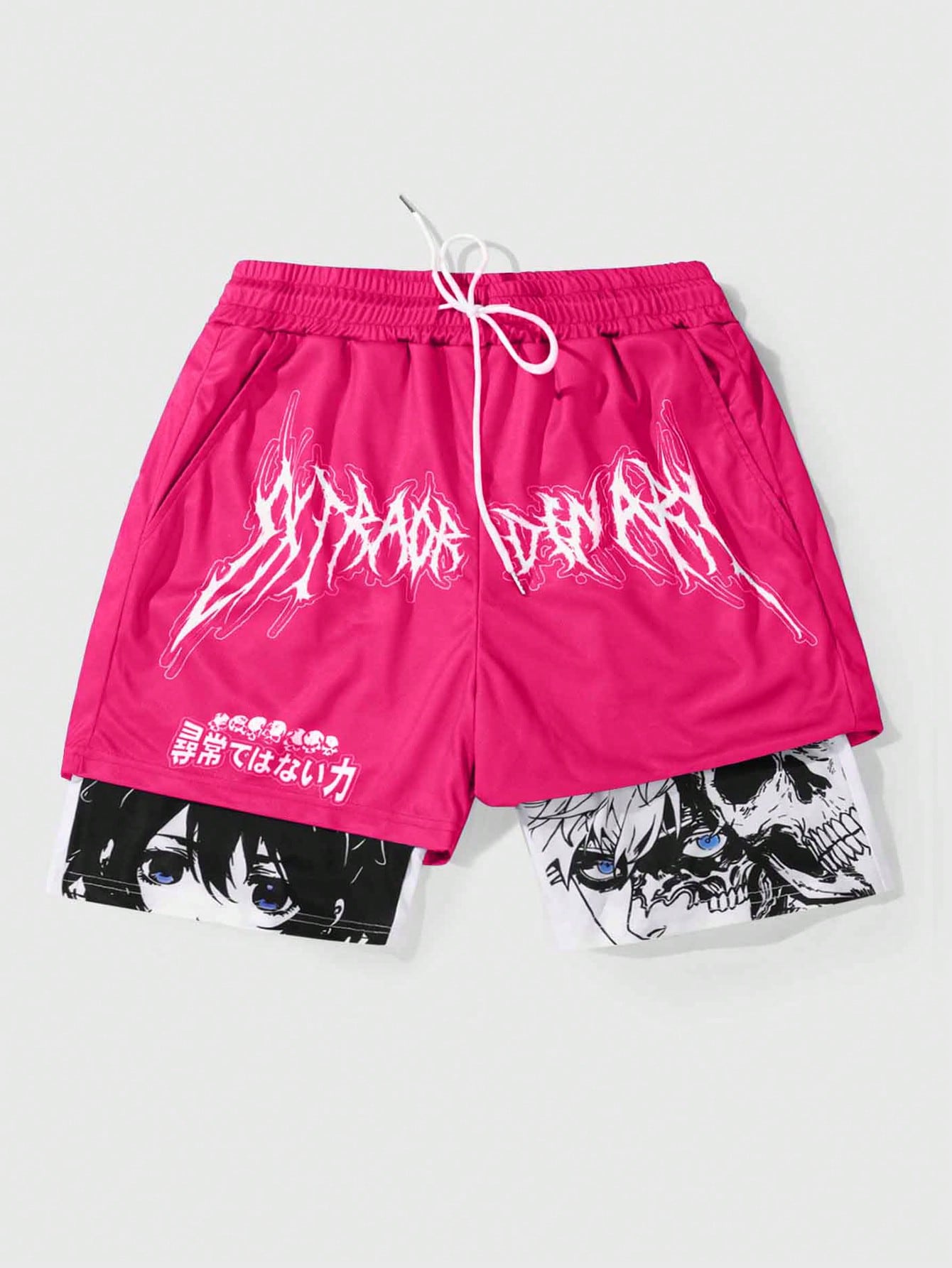 Anime Men's 2 In 1 Breathable With Slogan Print Basketball Mesh Shorts, Suitable For Daily Wear In Spring And Summer, School