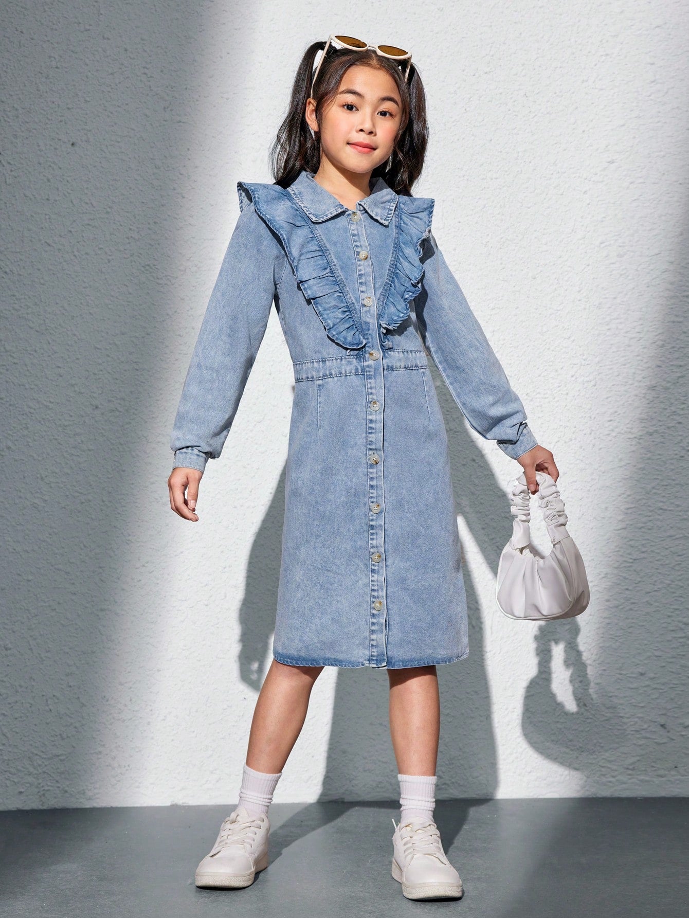 Tween Girl Elegant Academy Style Mid-Blue Wash Denim Shirt Dress With Ruffled Hem