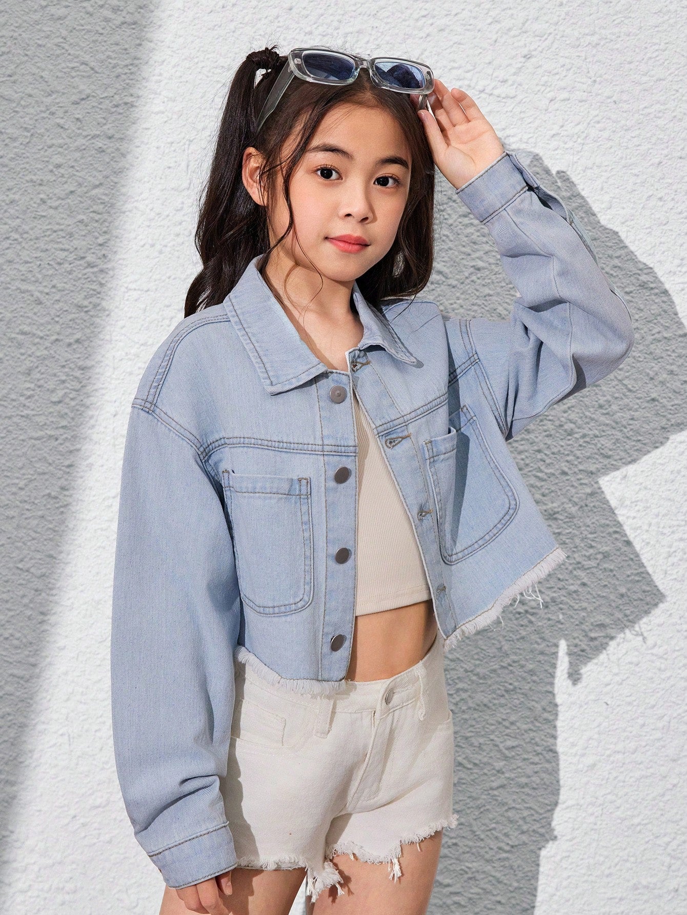 Tween Girl Basic Stone Wash Cropped Denim Jacket, Daily Casual Wear