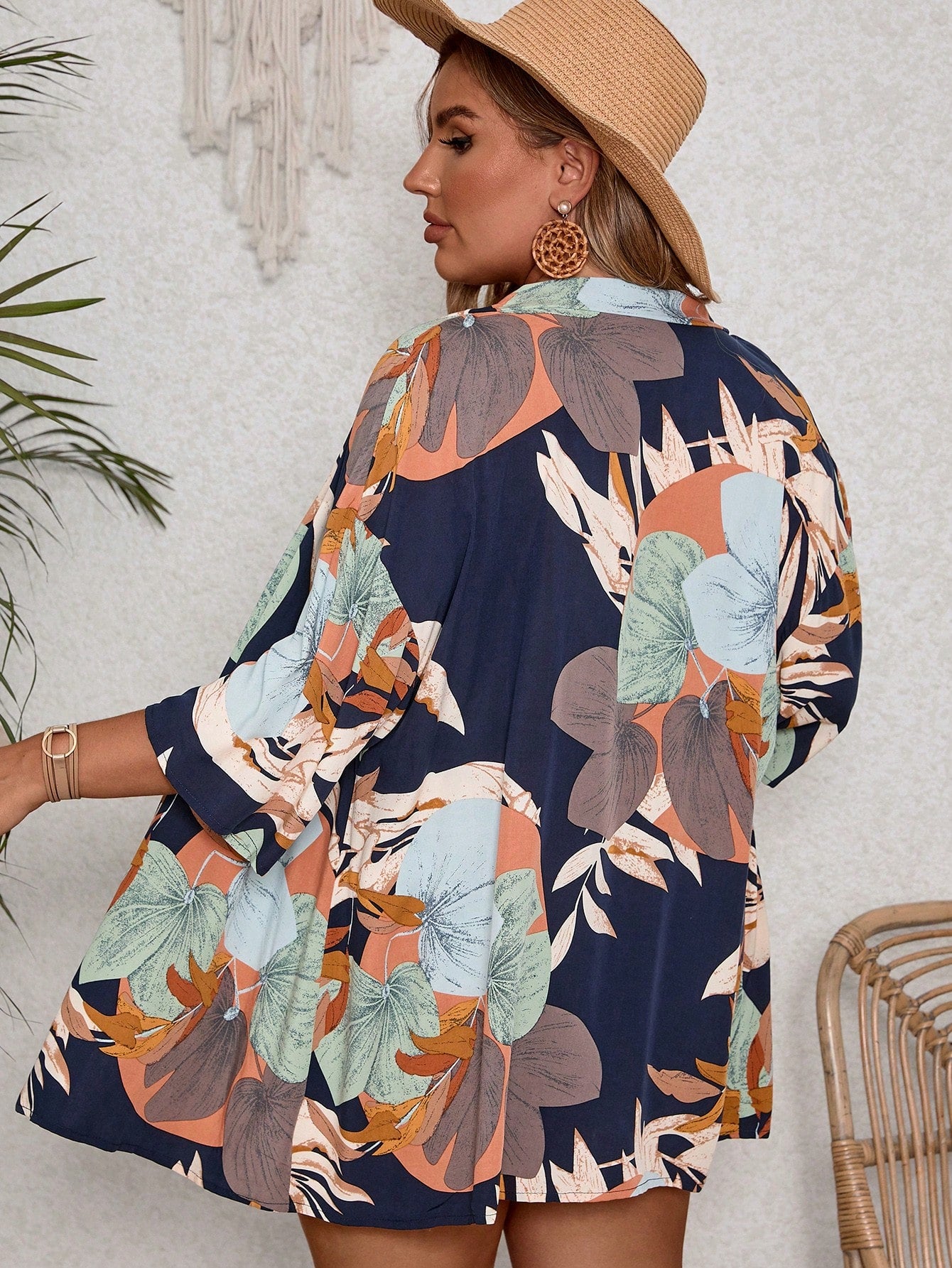 Plus Size Summer Blue Tree Leaves Printed Kimono Shirt And Shorts Women Beach Two Piece Set