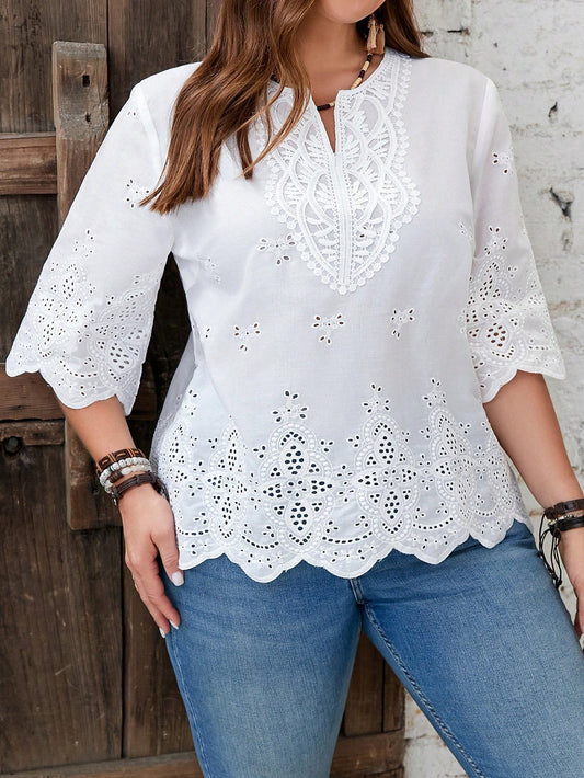 Summer Eyelet Embroidered Solid Plus Size Shirt , Vocation Daily