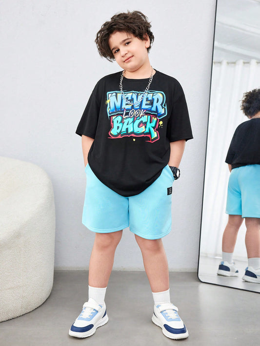 Tween Boy Extended Size Casual Graffiti And Letter Printed Round Neck Short Sleeve T-Shirt With Patch And Solid Shorts Set