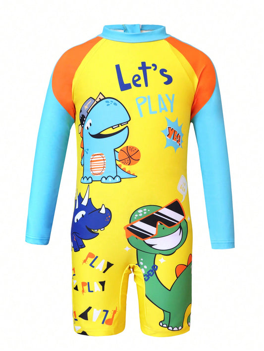 Young Boy Cartoon Cute One-Piece Swimwear With Long Sleeves