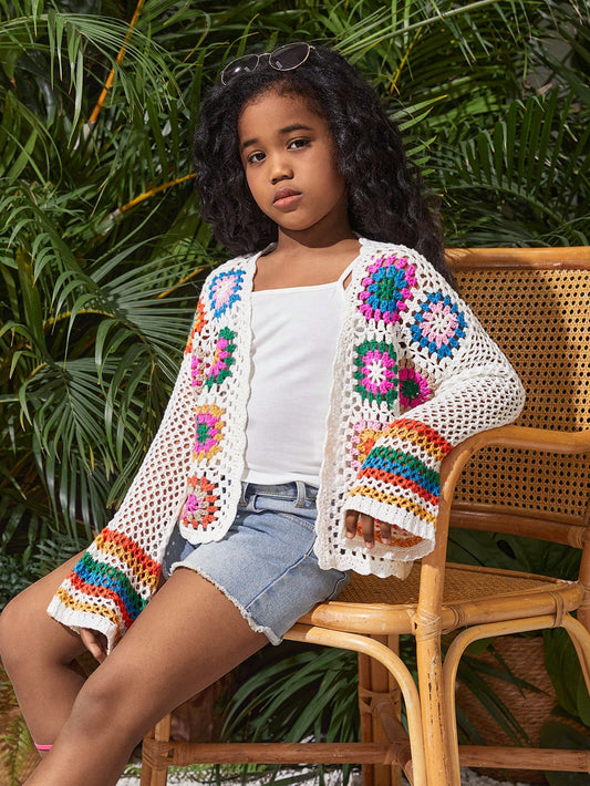 Tween Girl Loose Academy Crochet  Pattern Long Sleeve Cardigan