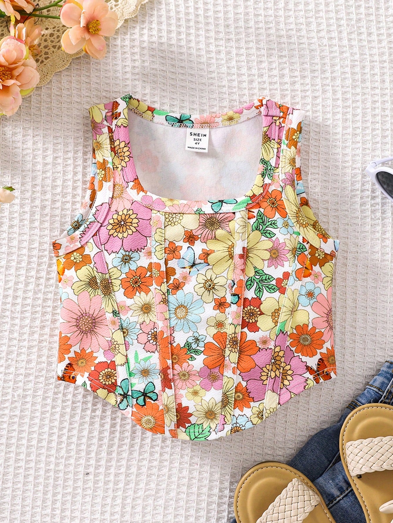 Young Girl Knitted Floral Print Round Neck Irregular Hem Loose-Fitting Casual Tank Top