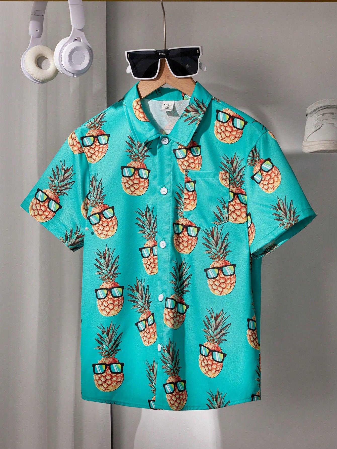 Tween Boys" Extended Size Casual Vacation Style Loose Woven Pineapple Print Short Sleeve Shirt With Lapel Collar