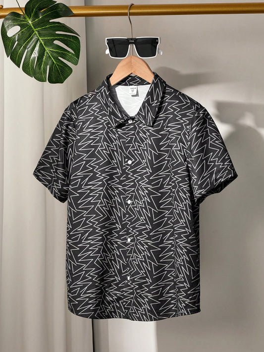 Tween Boys Extended Size Casual Geometric Print Loose Short Sleeve Open Front Woven Shirt With Turn-Down Collar