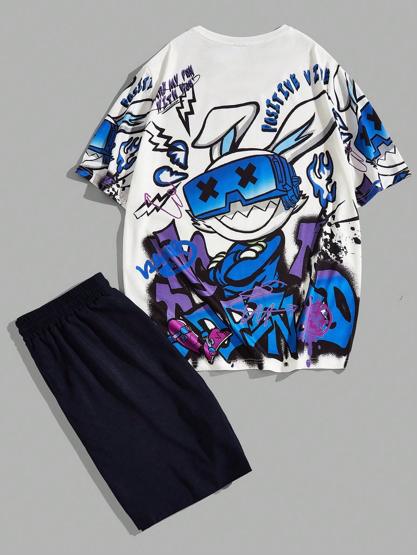 Men'S Cartoon Printed Knit Casual Short Sleeve Anime T-Shirt And Shorts Set