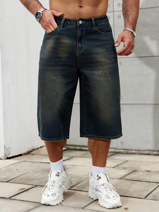 Fashionable And Casual Loose Fit Plus Size Men's Denim Shorts Oversize Long Plain Dark Blue Going Out Vintage Friends