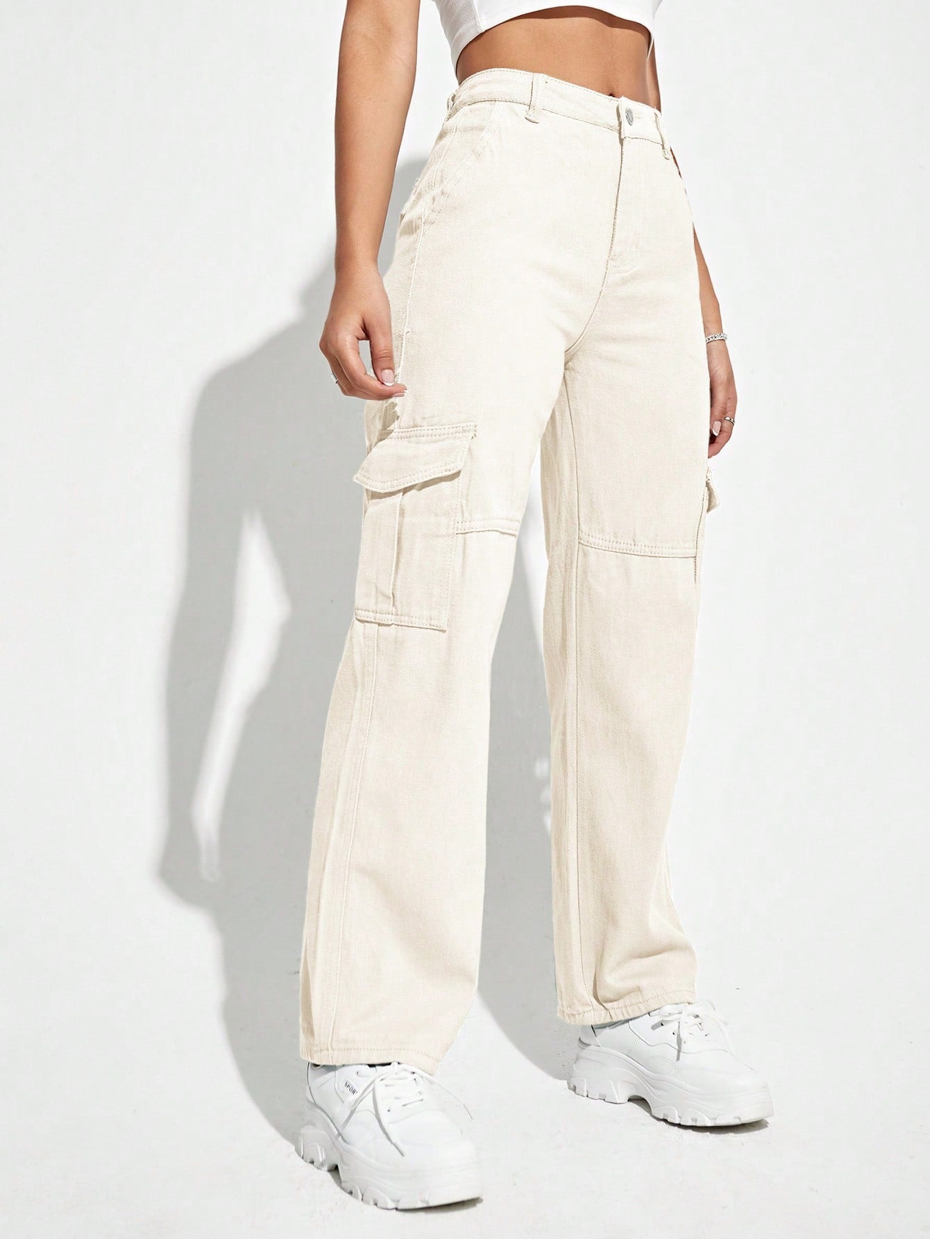 Solid Color Cargo Denim Pants