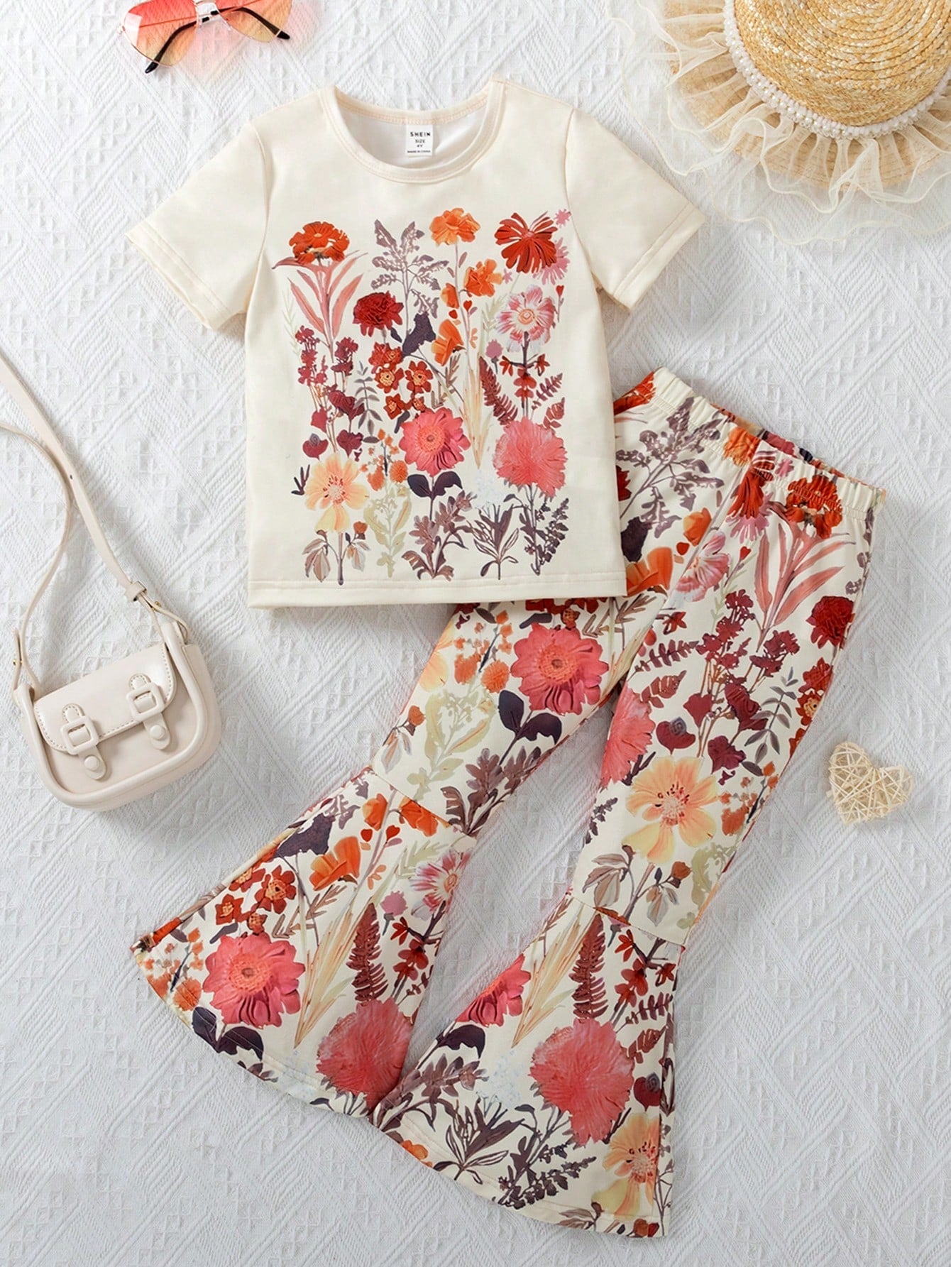 2pcs/Set Young Girls' Casual Letter Printed Short Sleeve T-Shirt And Fruit & Stationery Pattern Flare Pants Summer Outfits