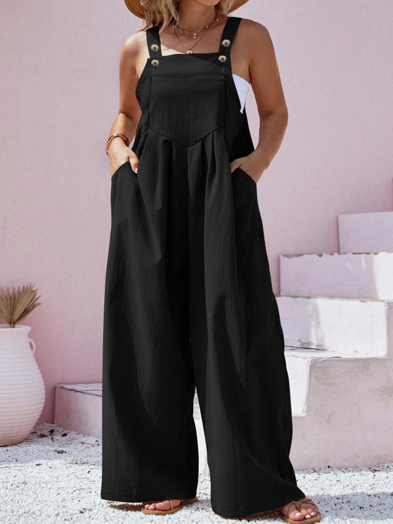 Plus Size Solid Color Sleeveless Jumpsuit With Pockets For Summer