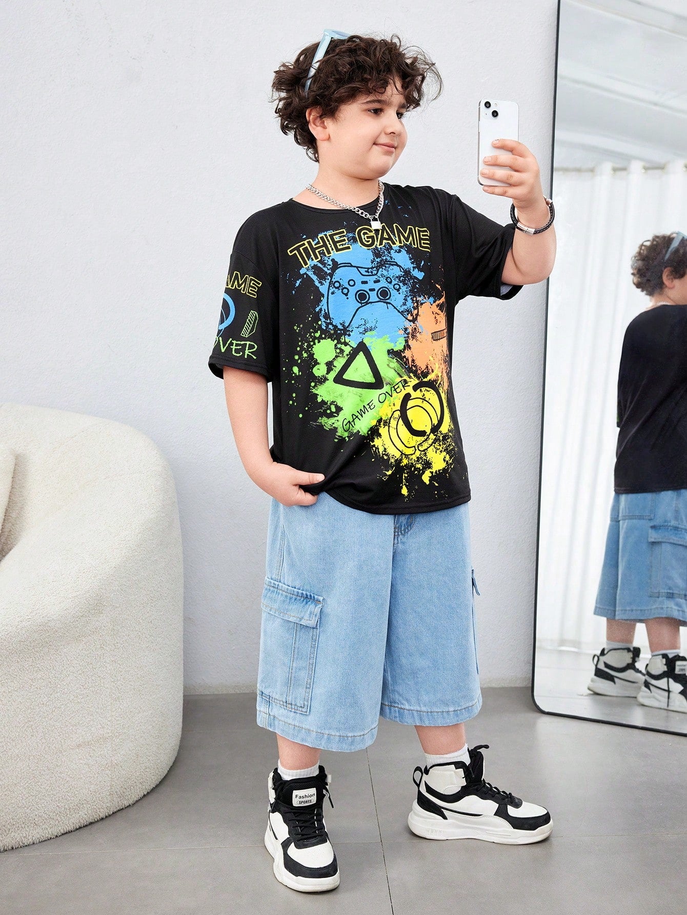 Tween Boys" Extended Size Casual Game Machine Print Loose Fit Pullover Short Sleeve Knit Tee With Round Neck