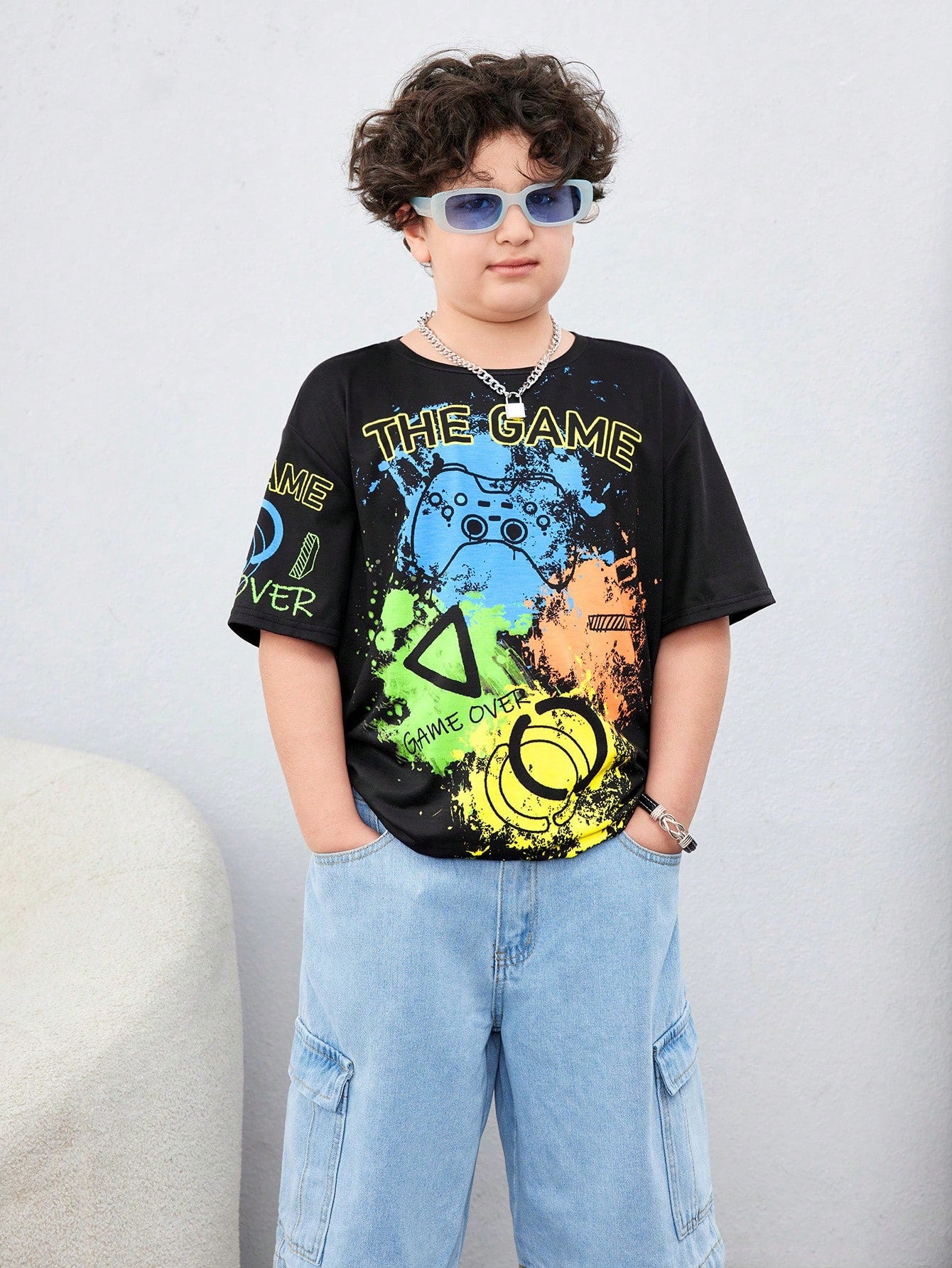 Tween Boys" Extended Size Casual Game Machine Print Loose Fit Pullover Short Sleeve Knit Tee With Round Neck