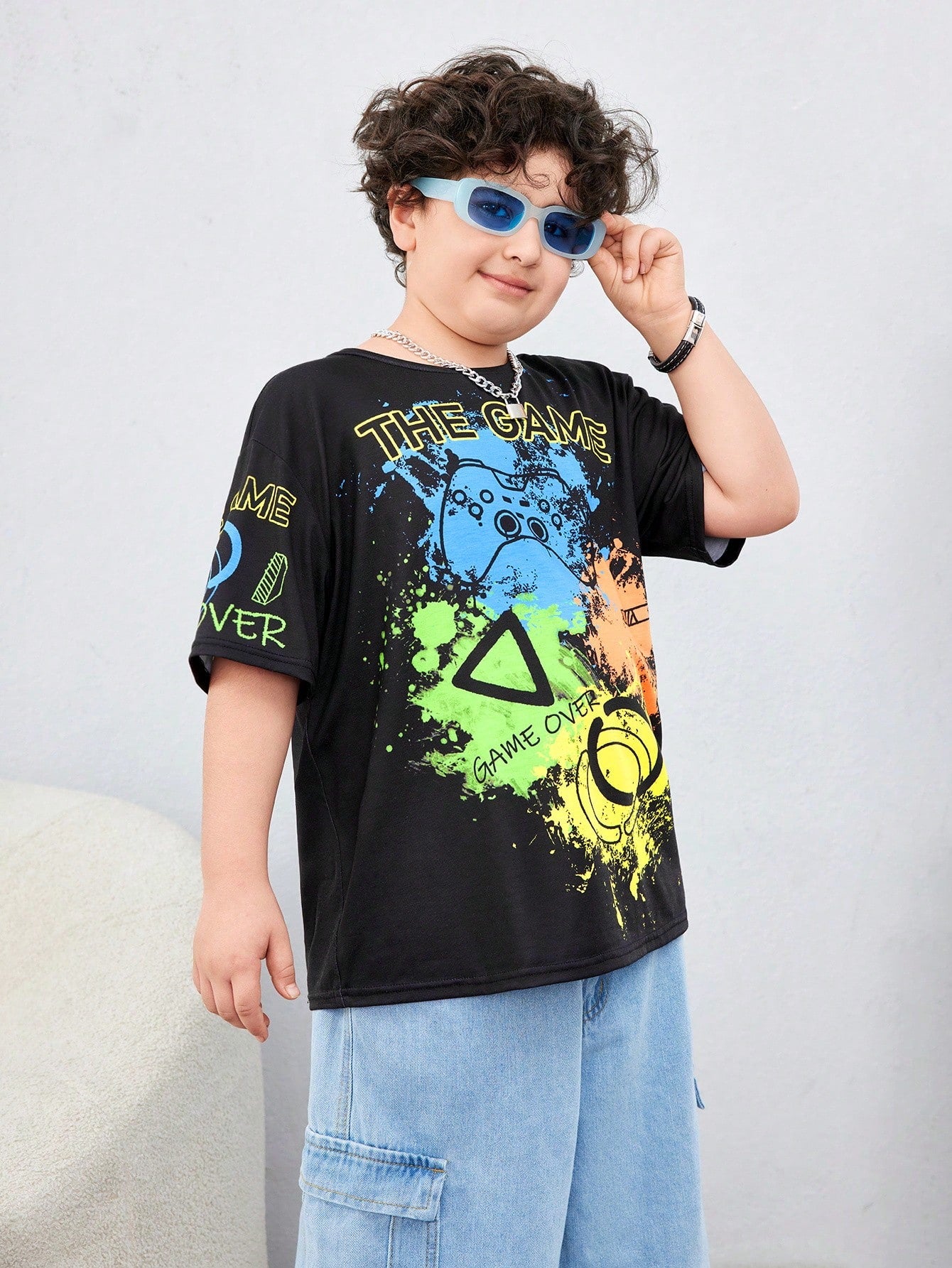 Tween Boys" Extended Size Casual Game Machine Print Loose Fit Pullover Short Sleeve Knit Tee With Round Neck