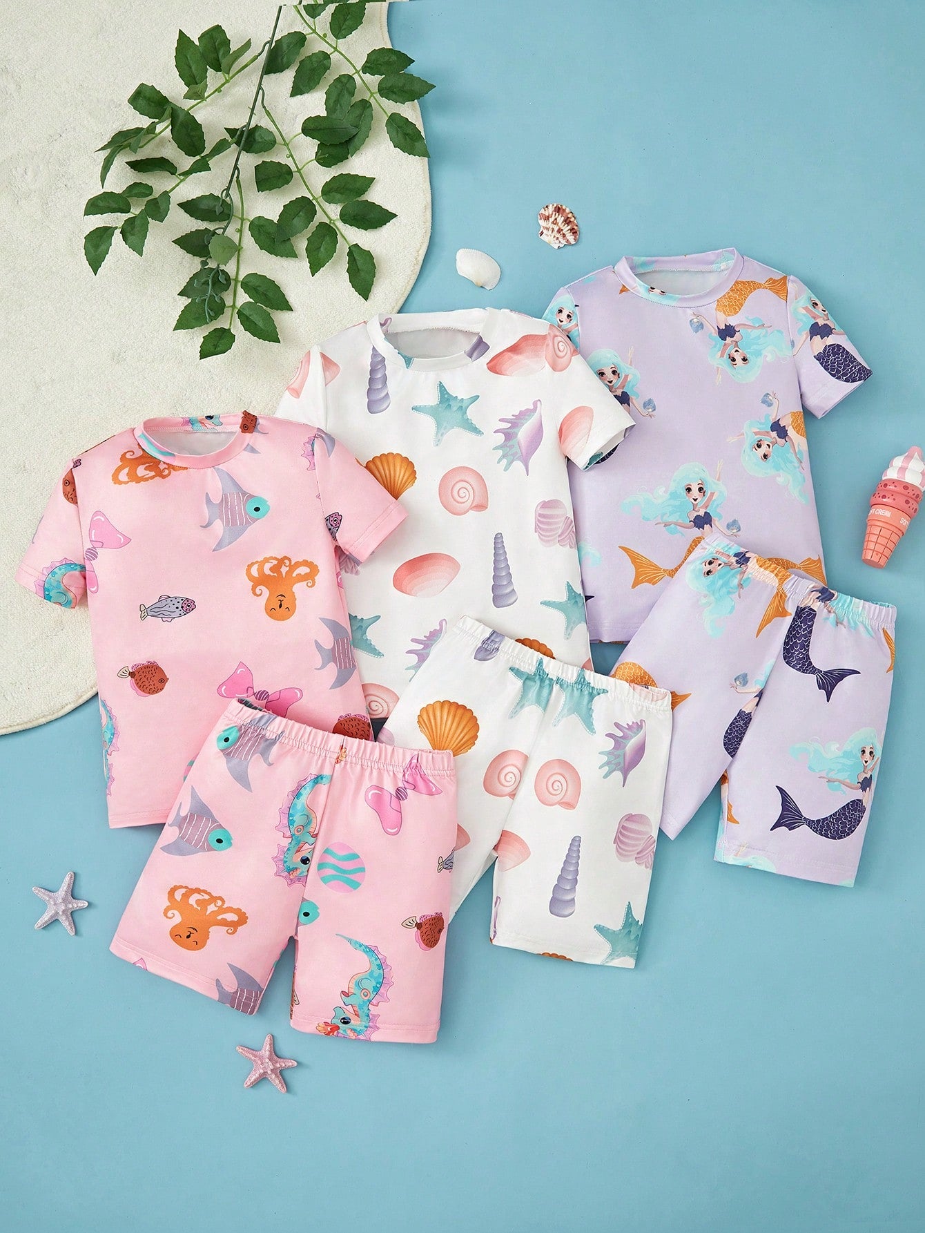 Young Girl Beach Oceanic Allover Print Short Sleeve T-Shirt And Shorts Set, 6pcs Snug Fit Home Outfit