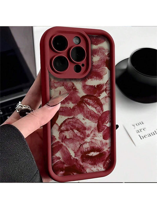 1pc Burgundy Lip Printed 3D Embossed TPU Soft Anti-Fall Waterproof Phone Case Compatible With IPhone