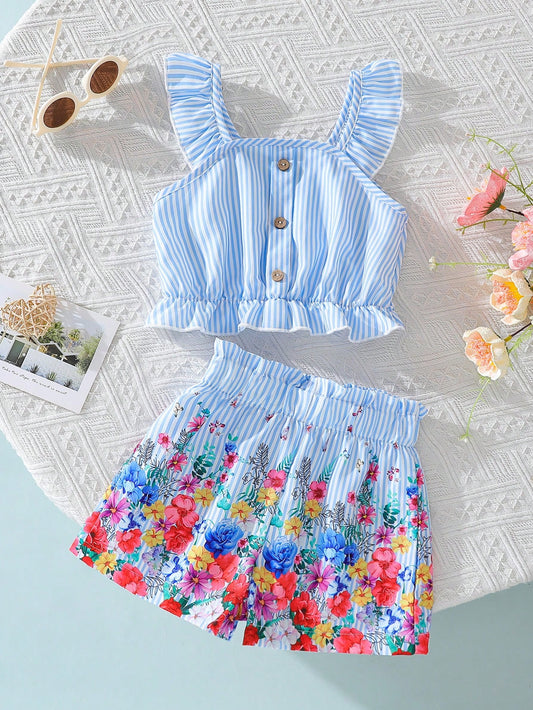 Young Girl Elegant And Flower Patterned Button Design Tank Top With Elastic Shorts Set, Suitable For Vacation And Travel In Spring And Summer