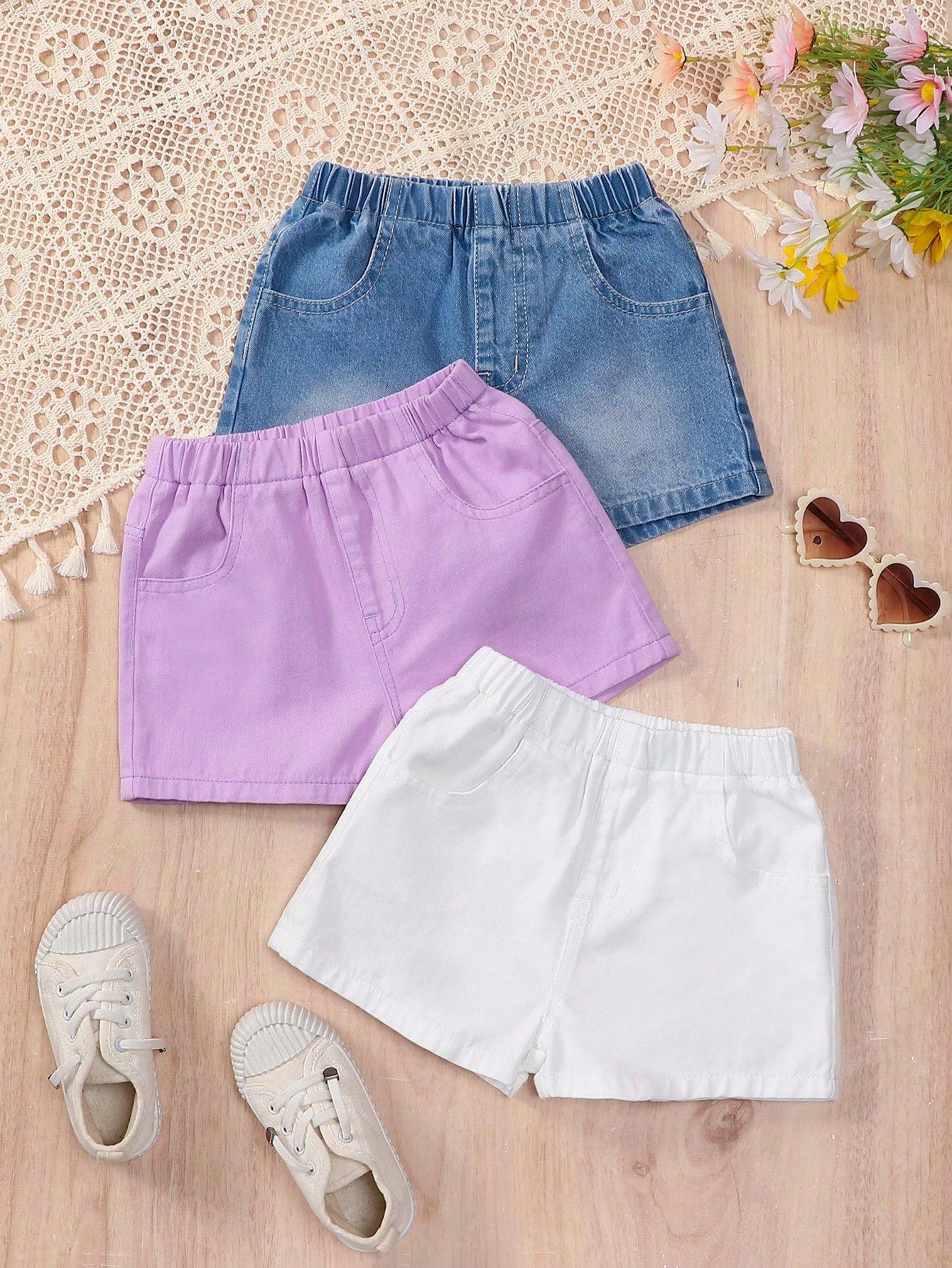 Kids Young Girls' Basic Elastic Waistband Casual Comfortable Denim Shorts, 3pcs/Set