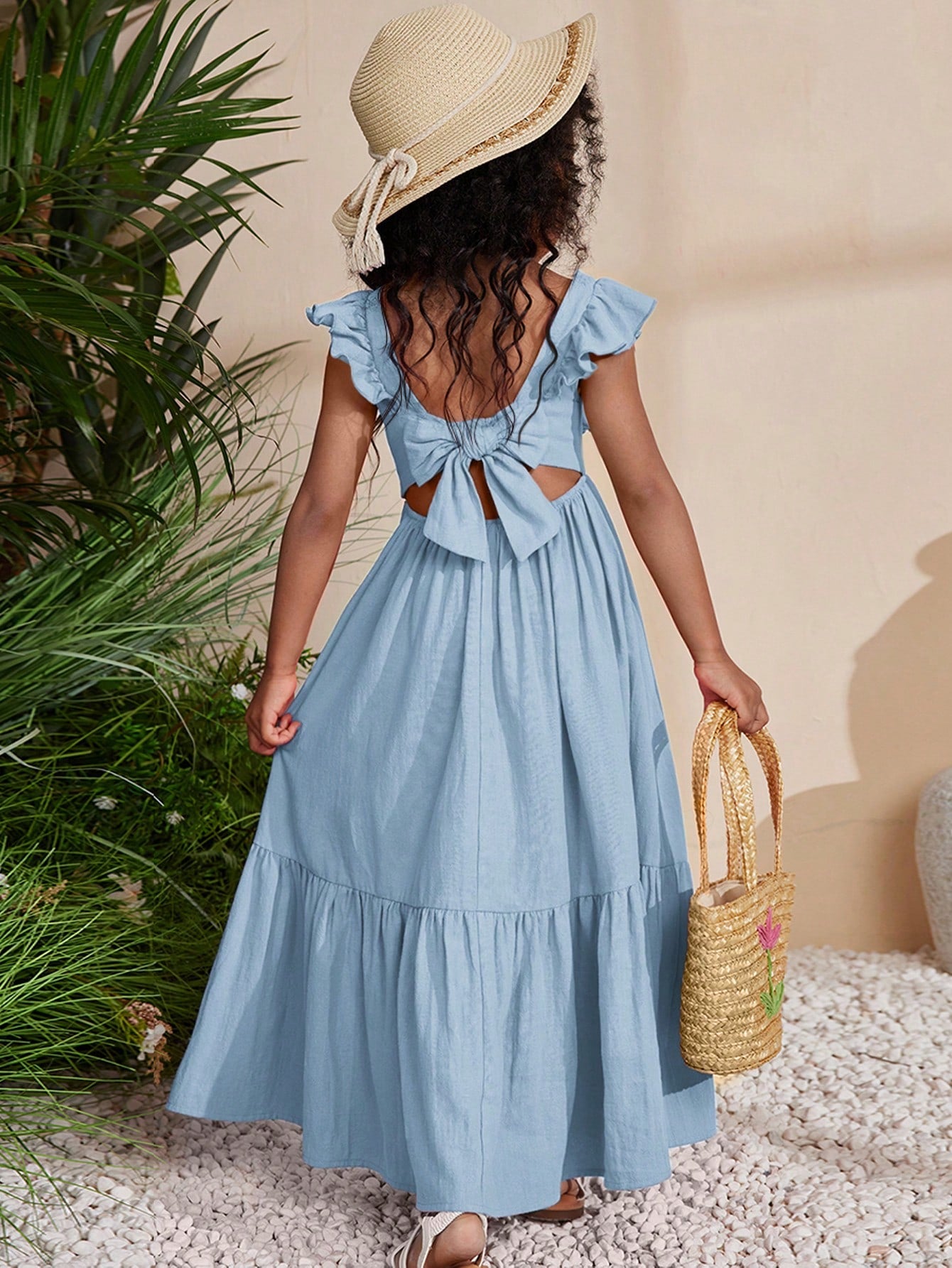 Young Girl Choco Color Sleeveless Maxi Dress With Woven Fabric And Square Neckline For Music Festival