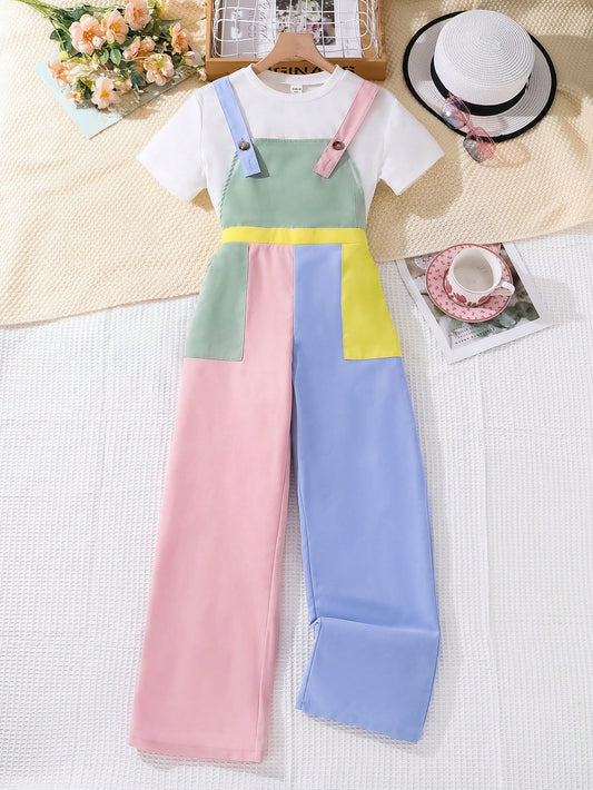 Tween Girl Fashionable Casual Street Style Loose Fit Patchwork Jumpsuit