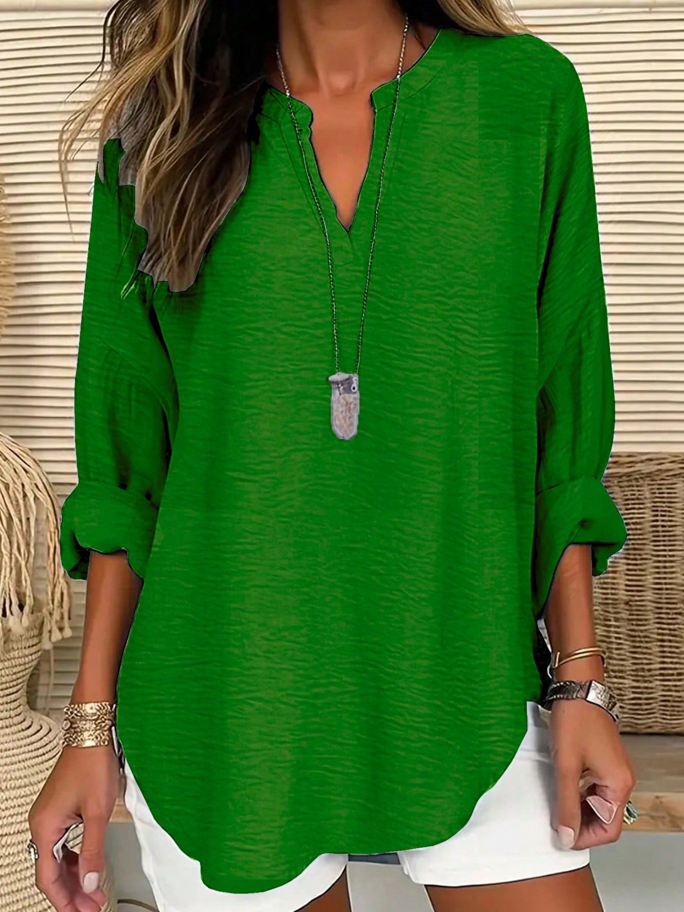 Plus Size Solid Color Casual Shirt With Notched Collar