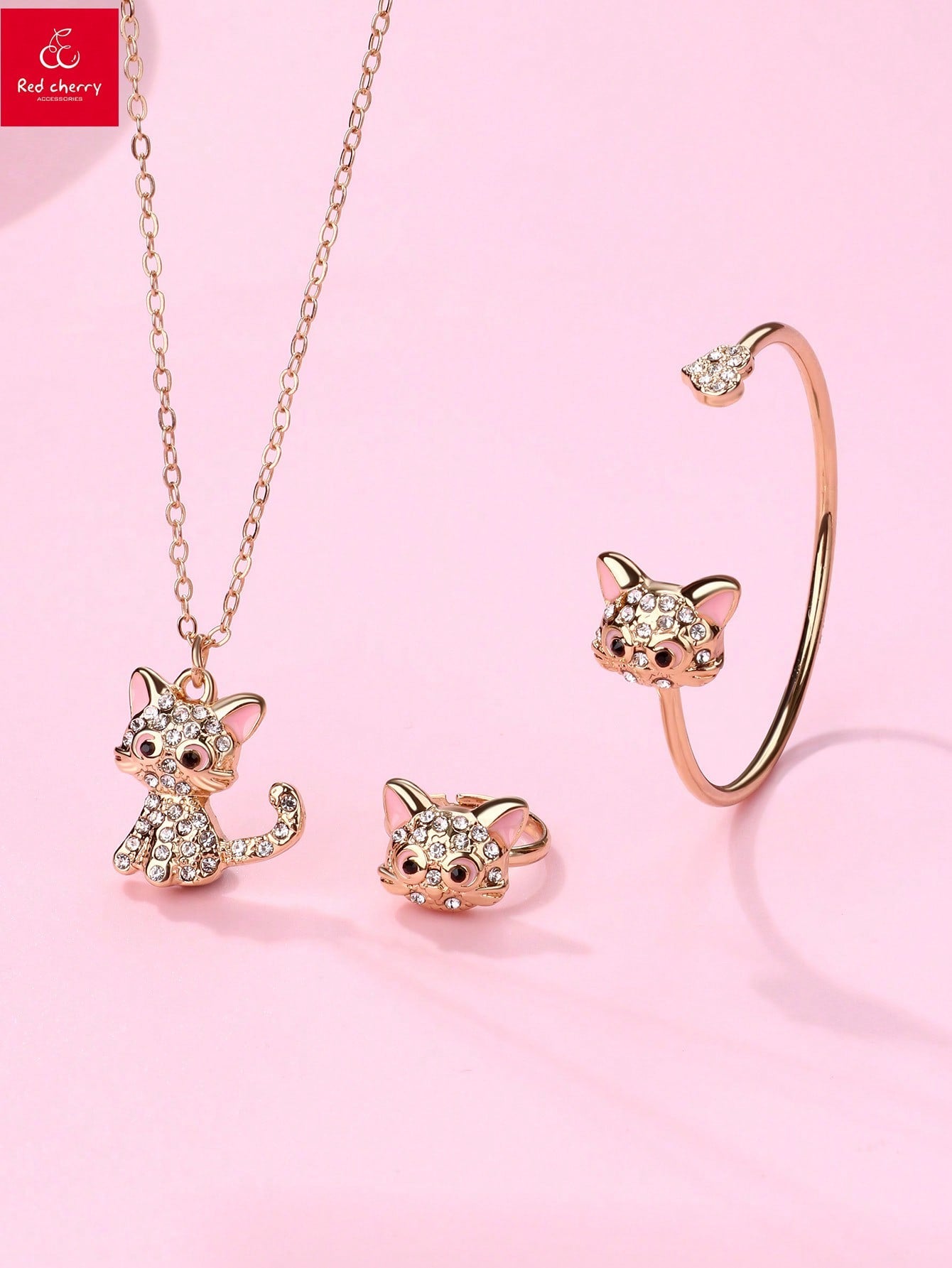 1pc Necklace + 1pc Bracelet + 1pc Ring Set For Girls, Cute Pink Cat Shape Zinc Alloy Jewelry With Clear Acrylic Diamond And Gold Plated, Suitable For Daily Wear