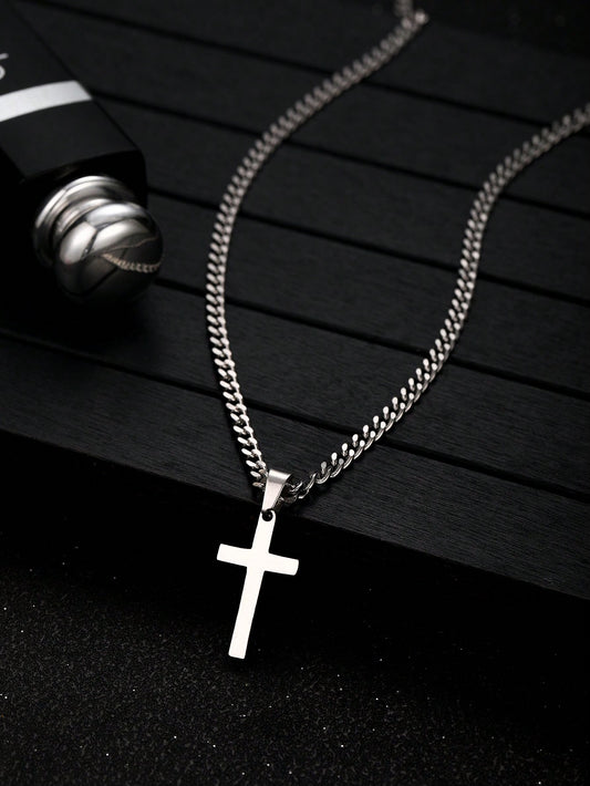 1pc Boys Minimalist Trendy Cross Pendant  Chain Necklace Stainless Steel Jewelry For Daily Decoration For Children Birthday Gift