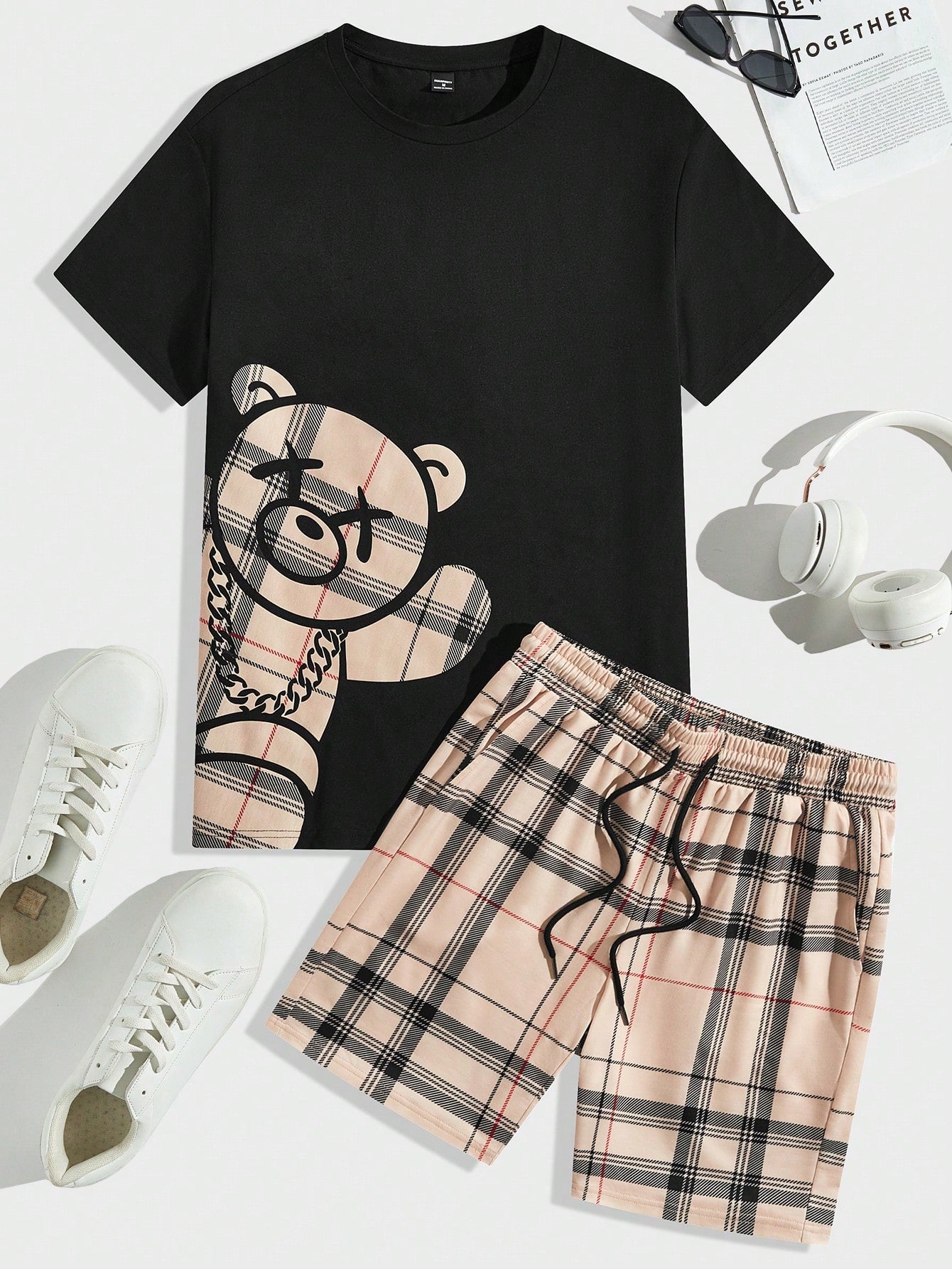 Men's Checkered Bear Print Short Sleeve T-Shirt And Drawstring Waist Shorts Set