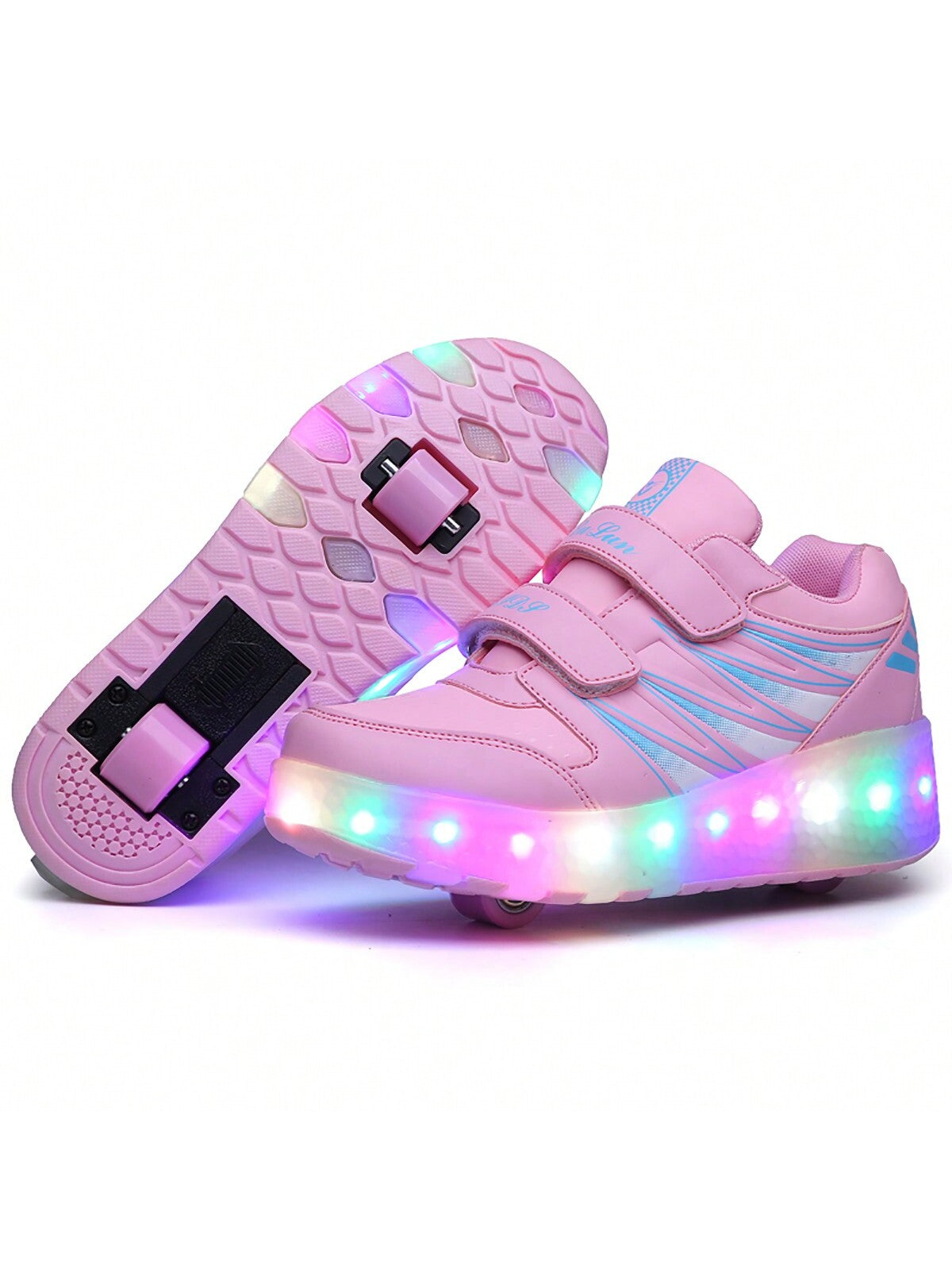 Pink Led Light Up Roller Skate Shoes For Outdoor With Usb Rechargeable Wheels, 10+ Flashes Mode