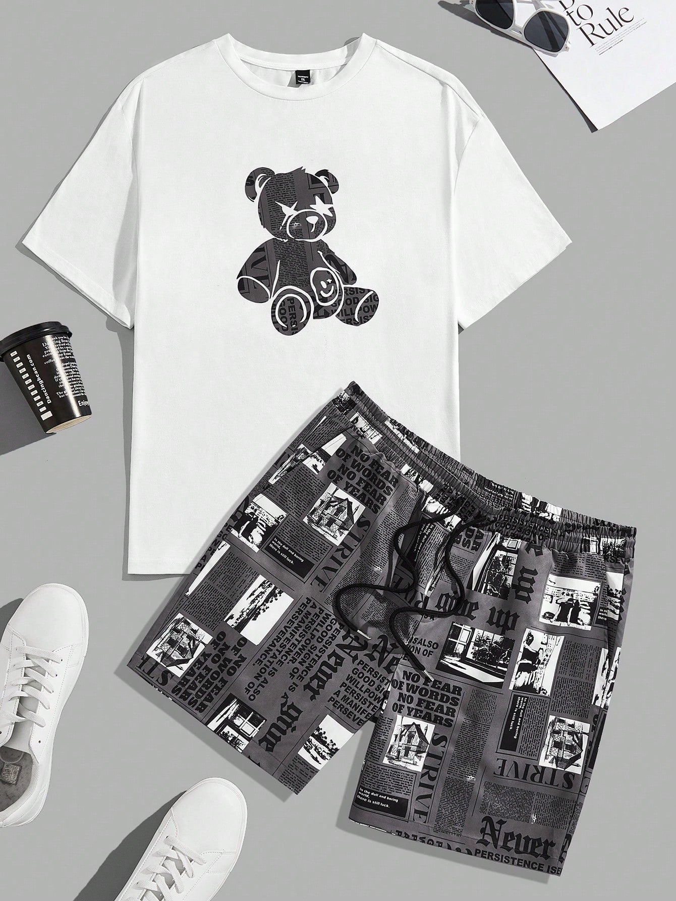 Men Plus Printed Short Sleeve T-Shirt And Woven Shorts Casual 2pcs Outfit