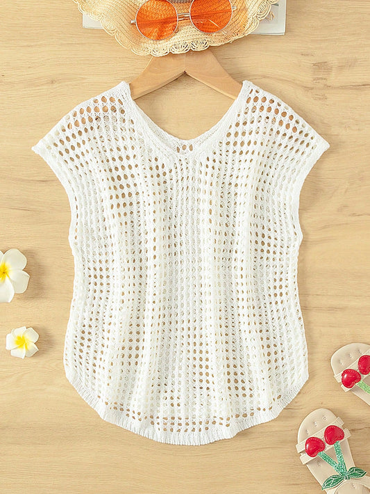 Young Girl Solid Color V-Neck Batwing Sleeve Hollow Out Perspective Mesh Top