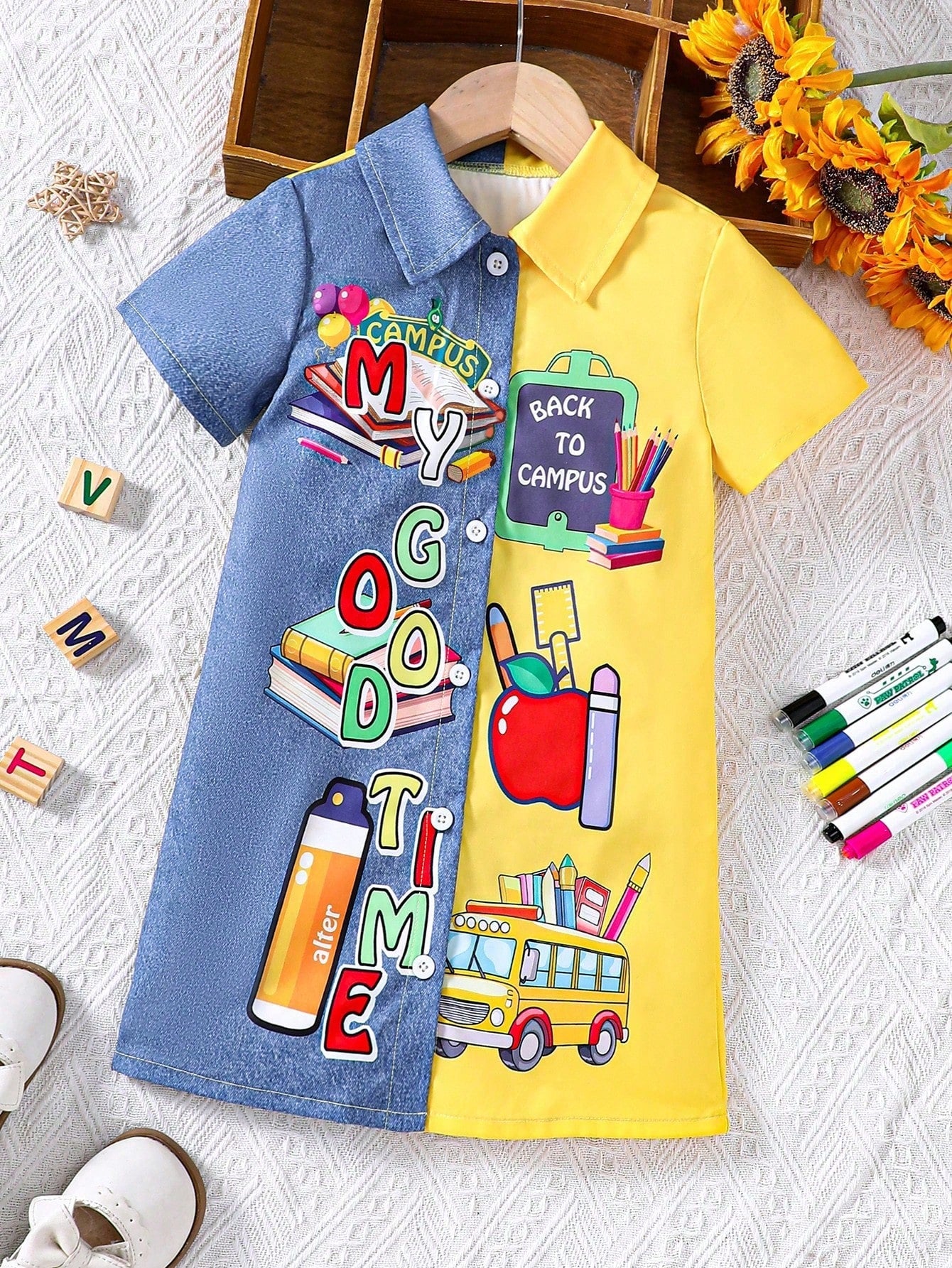 Young Girl Short Sleeve Two-Tone Printed Shirt Dress With Single Row Button, Spring/Summer