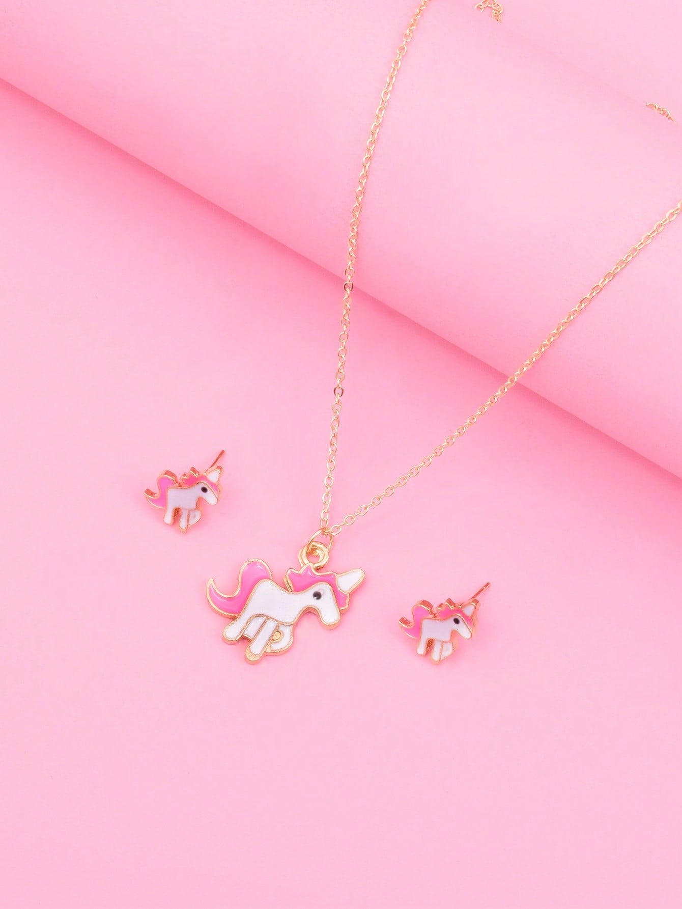 1pc Necklace + 1pair Stud Earrings Set For Kids, Cartoon Unicorn Jewelry