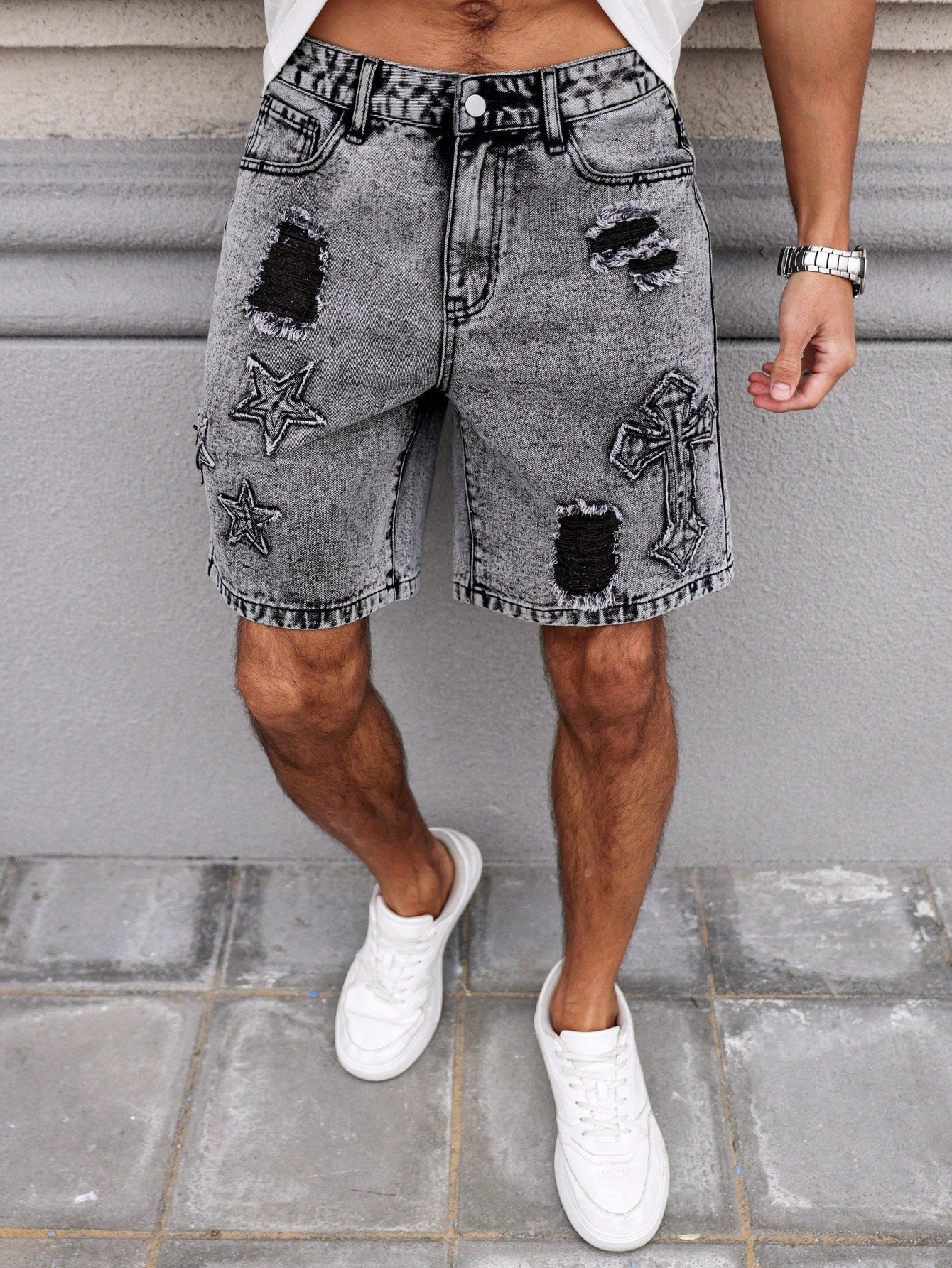 Men Ripped Patchwork Denim Shorts With Pockets And Button Closure