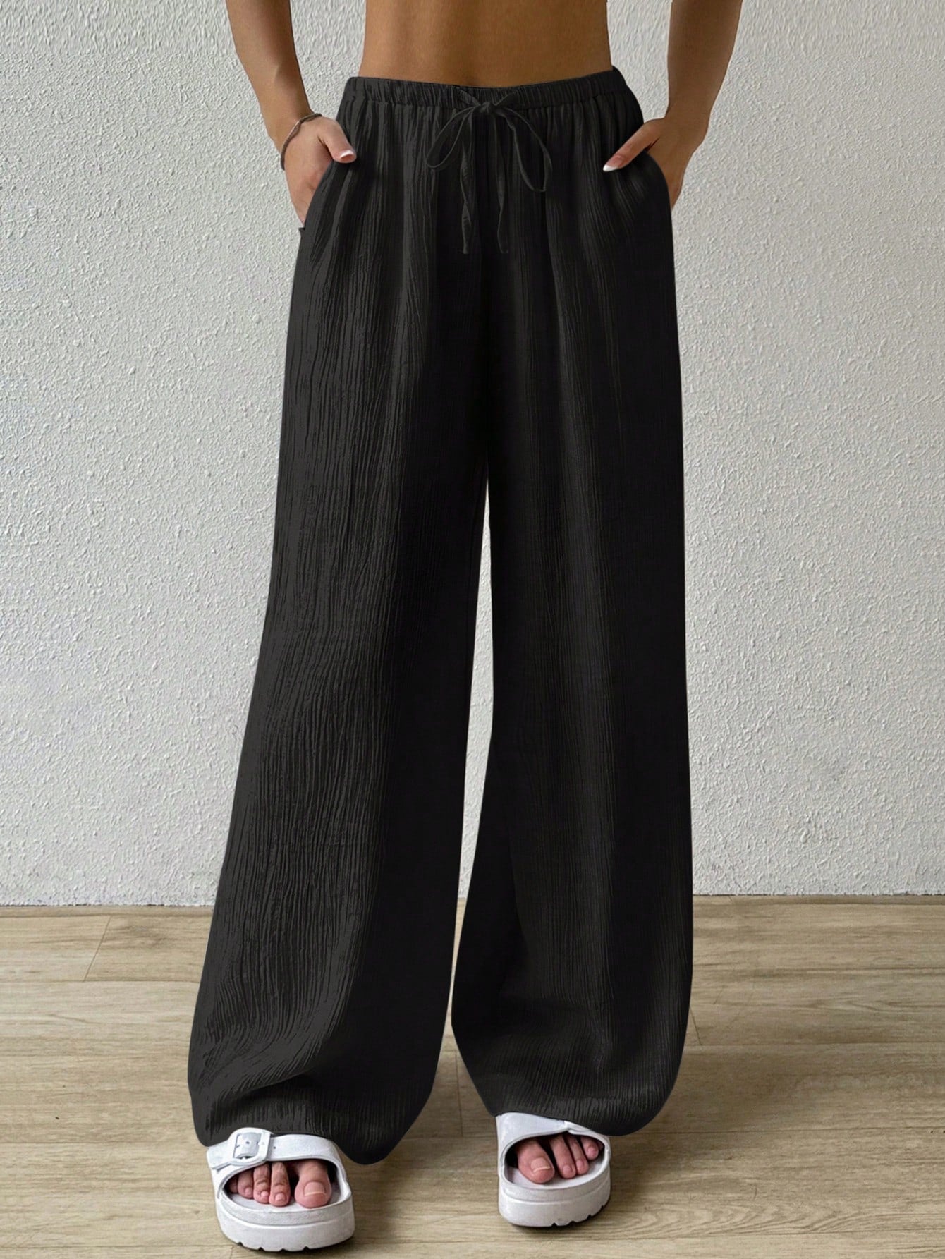 Women's Casual Solid Color Drawstring Wide Leg Pants