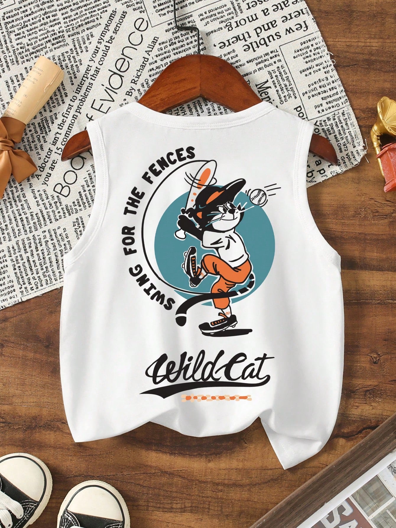 Young Boy Casual Simple Cartoon Cat Baseball Print Tank Top Suitable For Summer