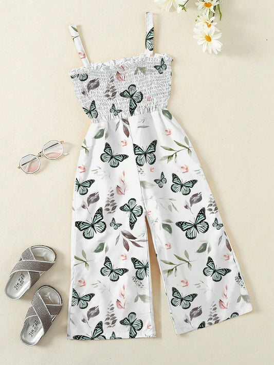 Young Girl Summer New Butterfly Printed Shirred Detail Strap Jumpsuit