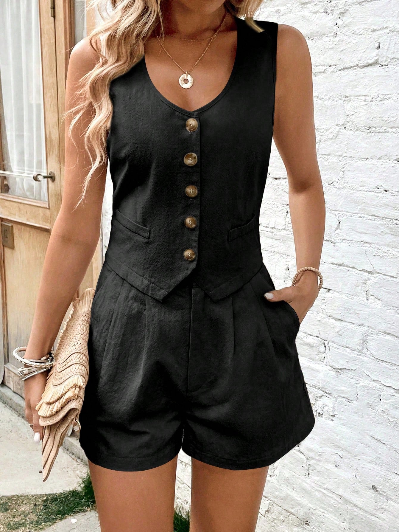 Button Front Vest Blazer & Slant Pocket Shorts