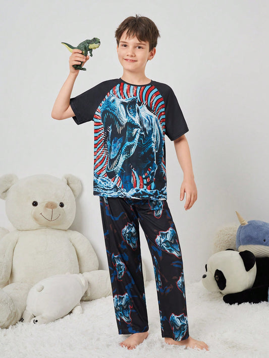 Tween Boy Two-Piece Set Of Casual Flame Retardant Pajamas With Dinosaur Pattern And Raglan Short Sleeves