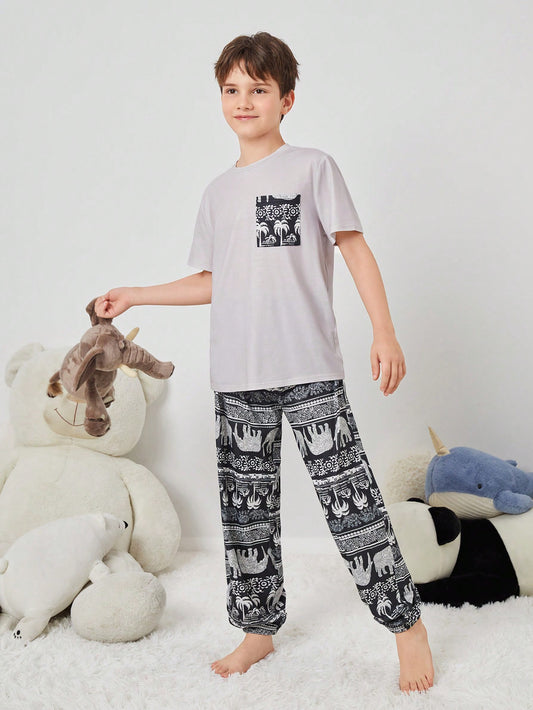 Tween Boy Tween Girl Vintage Pattern Print Short Sleeve Top And Long Pants Knit Comfortable Casual Sleepwear Set With Pockets And Flame Retardant Features