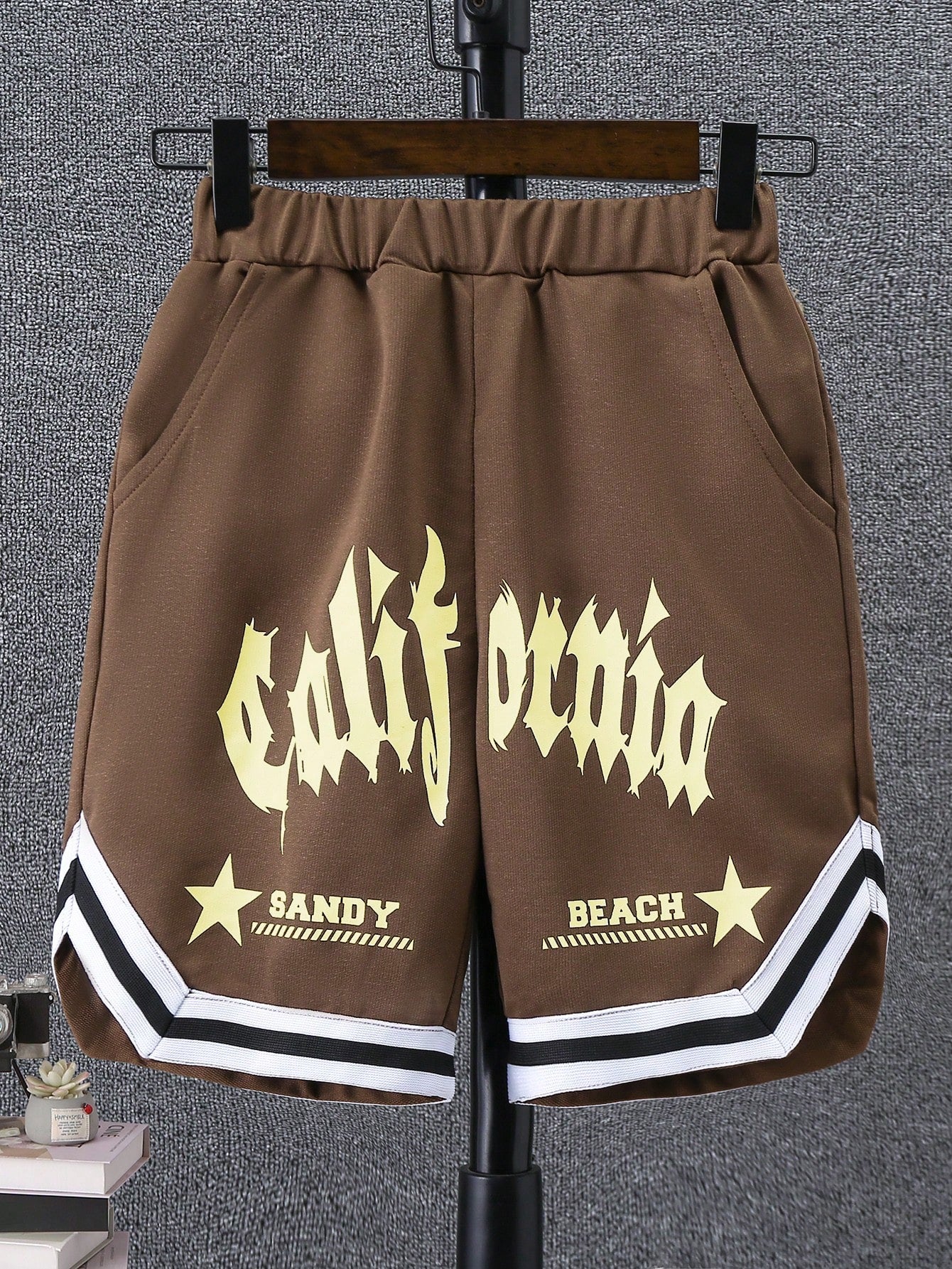 Tween Boy Casual Sports Shorts With Letter, Star And Stripe Print, And Woven Belt For Summer