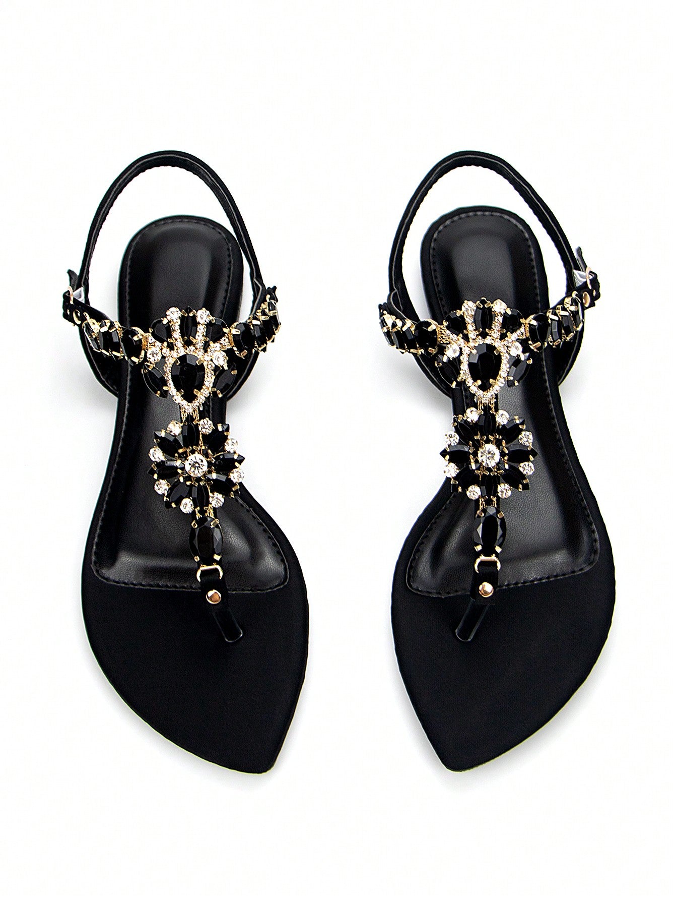 Women Rhinestone Decor Ankle Strap Thong Sandals, Glamorous Summer Flat Sandals